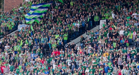 PORTLAND, OR - JUNE 24: Seattle Sounders supporters during Seattle Sounders vs. Portland Timbers game, on June 24, 2012 at Jeld-Wen Field in Portland, OR. のeditorial素材