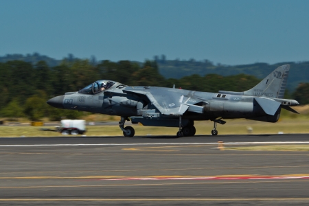 HILLSBORO, ORâ€“ AUG 4: U.S. Marine Corps AV-8B Harrier II Demonstration Team presents aircraft...