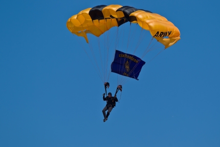 HILLSBORO, OR: AUG 5: A member of the US Army Golden Knights Parachute Team performs at the Oregon Air Show at Hillsboro Airport on August 5, 2012 in Hillsboro, OR. のeditorial素材
