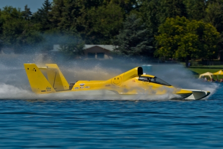 TRI-CITIES, WA - JULY 28: Ryan Mallow pilots U-99 Leland Unlimited hydroplane along the water at the...
