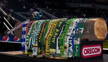 PORTLAND, OR - SEPT 15: Special log for traditional cutting the log slab after each Timbers goal next to the soccer field during the game Seattle Sounders vs Portland Timbers, on Sep 15, 2012 at Jeld-Wen Field in Portland, OR.のeditorial素材