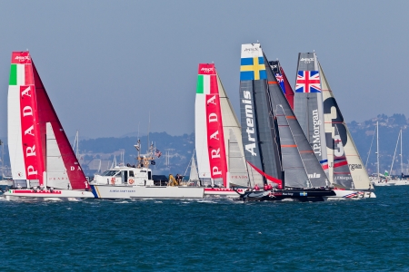 SAN FRANCISCO, CA - OCTOBER 7: The Americaâs Cup World Series sailing fleet races during Fleet Week in San Francisco, CA on October 7, 2012のeditorial素材