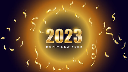 Happy new year 2023. Gold text on glowing background and falling gold paperのイラスト素材