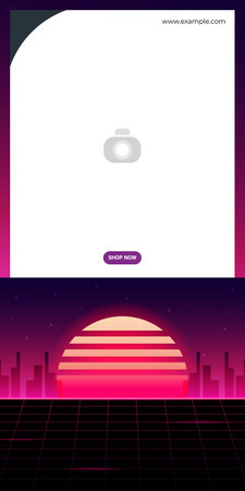 Banner in cyberpunk style. Neon vector color design, future city sunset.のイラスト素材
