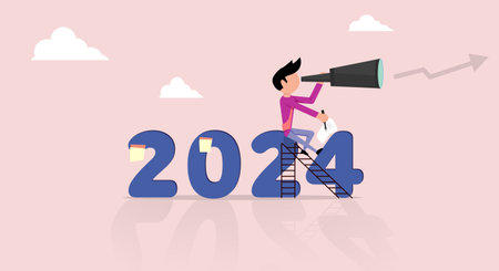 Businessman hope 2024 outlook plan. Flat design character holding a telescope looking at the prospect of achieving goalsのイラスト素材