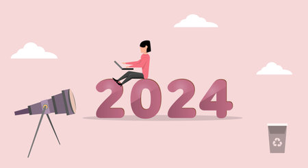 Businessman hope 2024 outlook plan. Flat design character holding a telescope looking at the prospect of achieving goalsのイラスト素材