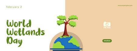 World Wetlands Day. Flat design illustration of earth, green plants and cloudsのイラスト素材