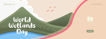 World Wetlands Day. Flat design illustration of earth, green plants and cloudsのイラスト素材