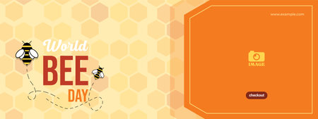 World bee day vector design. Banner template white honeycomb pattern and bee illustrationのイラスト素材