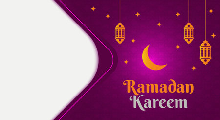 Ramadan Kareem horizontal background. Design template with purple and gold colors for greeting, promotion, celebrationのイラスト素材
