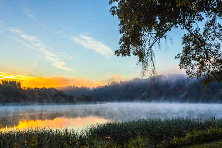 Morning foggy landscape image of Nemunas riverの写真素材