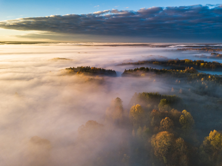 Aerial view of fog in Autumn, Lithuaniaの写真素材