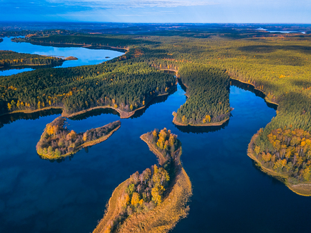Aerial panoramic view of fog at Autumn, Lithuaniaの写真素材