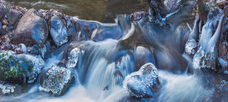 Panoramic image of icy river flow at winterの写真素材