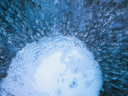 Background texture of a frozen forest and lake at winter, aerial shotの写真素材
