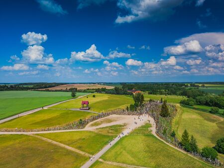 Aerial panoramic view of Hill of Crosses KRYZIU KALNAS . It is a famous religious site of catholic pilgrimage in Lithuaniaの写真素材