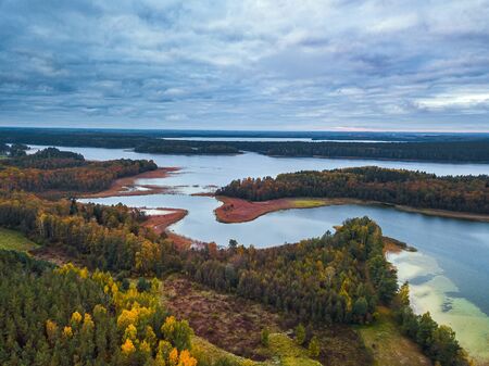 Aerial view over the lake with capes and bendings, Lithuania