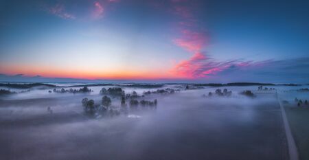 Fog and mist covering the forest in Lithuaniaの写真素材
