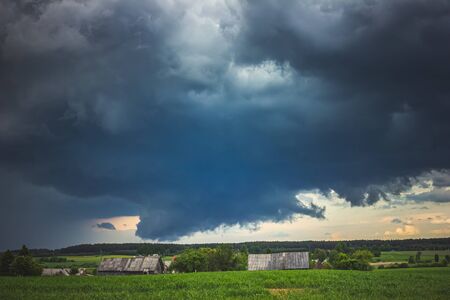 Severe supercell storm clouds with wall cloud and intense rainの写真素材