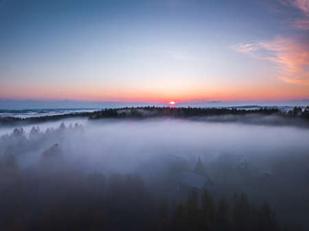 Fog and mist covering the fields in Lithuaniaの写真素材