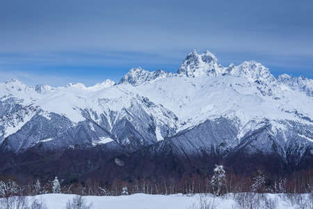 Panoramic view on high snowy mountains in winter at sunny day. Caucasus Mountains, Mount Ushba. Svaneti region of Georgiaの写真素材