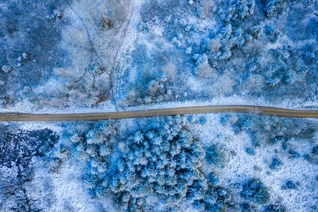 Windy winter road in snow covered forest, top down aerial view.の写真素材