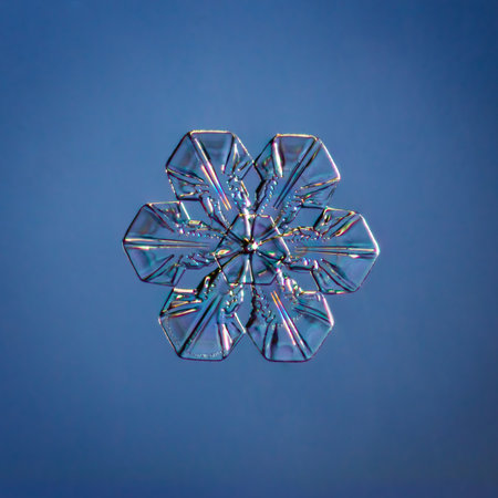 Snowflake on smooth gradient background. Macro photo of real snow crystal on glass surface. This is small snowflake with unusual pattern.の写真素材