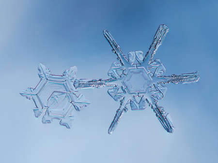 Snowflakes on smooth gradient background. Macro photo of real snow crystal on glass surface. This is small snowflake with unusual pattern.の写真素材