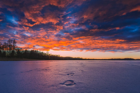 Frozen lake at sunset light in Lithuaniaの写真素材