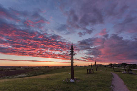 The hill of angels with wooden angels and crosses the popular touristic place near Vilnius, Lithuania, Europeの写真素材