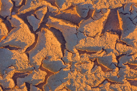 Warm dry cracked land, climate change concept with extreme heatの写真素材