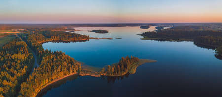 Aerial view of Plateliai lake, the biggest lake in Samogitia. It is the central attraction in the Zemaitija National Park. It has seven islands and one of them housed a castle.の写真素材