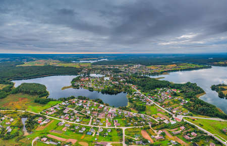 Small city of Veisiejai in Lithuania, aerial photo with city with lakes from aboveの写真素材