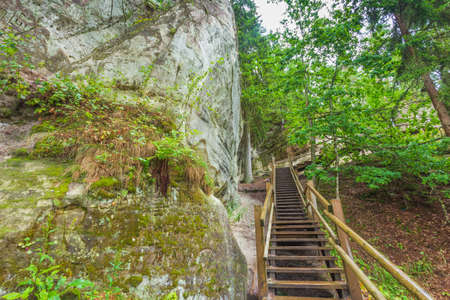 Sandstone cliffs of Sietiniezis on the shore of the river Gauja in Latviaの写真素材