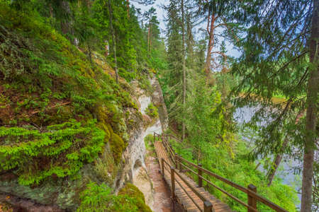 Sandstone cliffs of Sietiniezis on the shore of the river Gauja in Latviaの写真素材