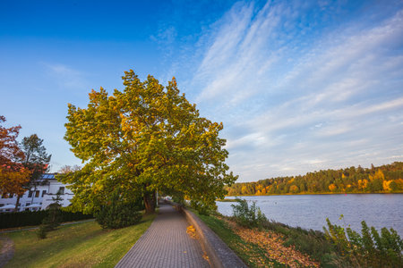 Lithuania nature at autumn. Beautiful Lithuanian landscape in Autumn. Nemunas River in town Birstonas, Dzukija ethnographic region of Lithuania.の写真素材