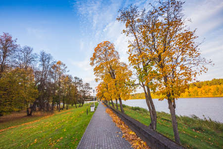 Lithuania nature at autumn. Beautiful Lithuanian landscape in Autumn. Nemunas River in town Birstonas, Dzukija ethnographic region of Lithuania.の写真素材