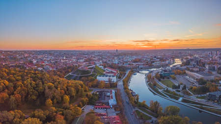 A view of Vilnius Old Town at sunset, city panorama from aboveの写真素材