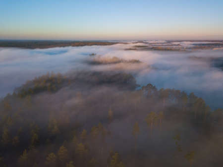 Aerial view of morning fog over the fields at Autumnの写真素材