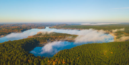 Aerial panoramic view of Asalnai lake at Autumn, Lithuaniaの写真素材
