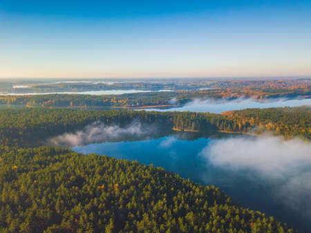 Aerial panoramic view of Asalnai lake at Autumn, Lithuaniaの写真素材