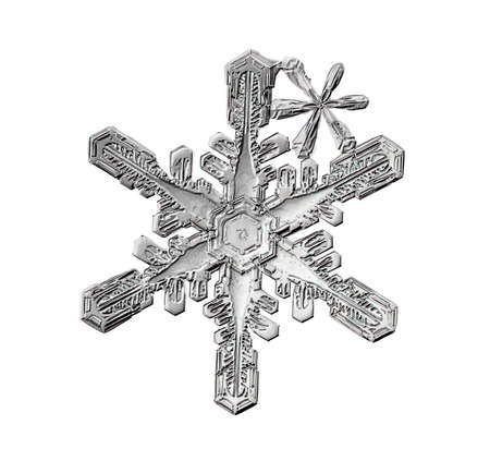 Black snowflake isolated on white background. Illustration based on macro photo of real snow crystal: elegant star plate with short, broad arms, glossy relief surface and complex inner details.の写真素材
