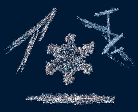 Real snowflakes at high magnification. Macro photo of small snow bubbly crystal, snowflake glowing on dark blue background, compositionの写真素材
