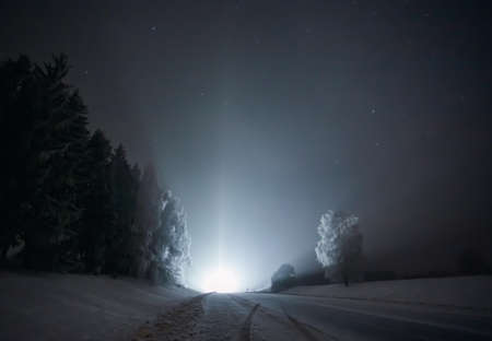 Light Pillars. Rare meteorological phenomena. Winter nature landscape in Lithuaniaの写真素材