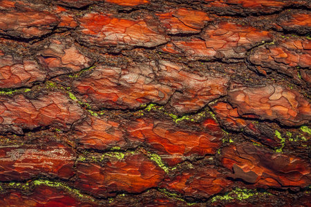 Red old tree rough bark. Trunk texture contrasts in sunny daylight.の写真素材