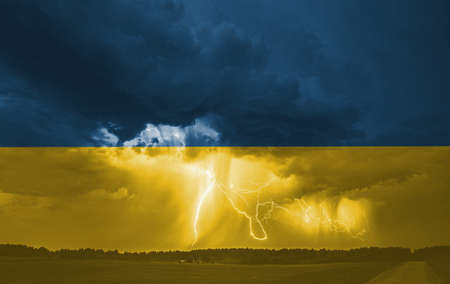 Ukrainian national flag pattern with lightning, war conceptの写真素材