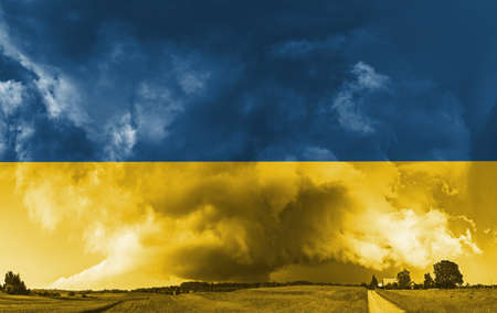 Ukrainian national flag pattern with storm, war conceptの写真素材