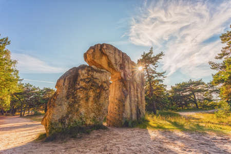 Kolka. Latvia. August 12, 2021. Stone Monument Taken by the Sea at Cape Kolka. Latvia. The monument is dedicated to those who died at seaの写真素材