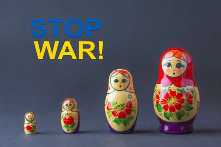 Group of matryoshka dolls with Stop War textの写真素材