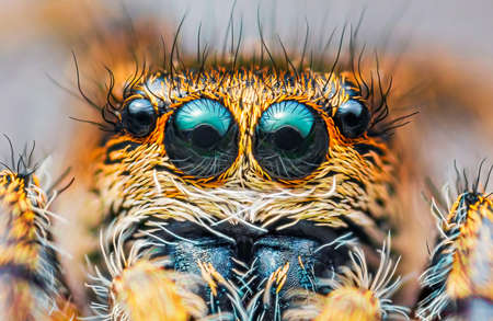 Spider portrait, jumping spider portrait - Pellenes tripunctatusの写真素材